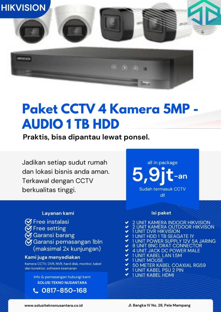 Ilustrasi rumah yang diamankan oleh 4 kamera CCTV Hikvision 5MP, memberikan perlindungan menyeluruh.