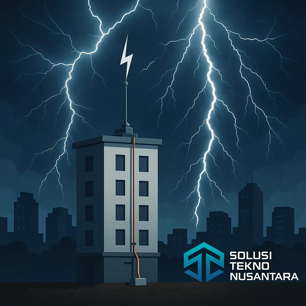 Ilustrasi digital malam hari dengan sambaran petir yang intens di atas gedung tinggi, menggambarkan pentingnya perlindungan bangunan dengan sistem penangkal petir.
