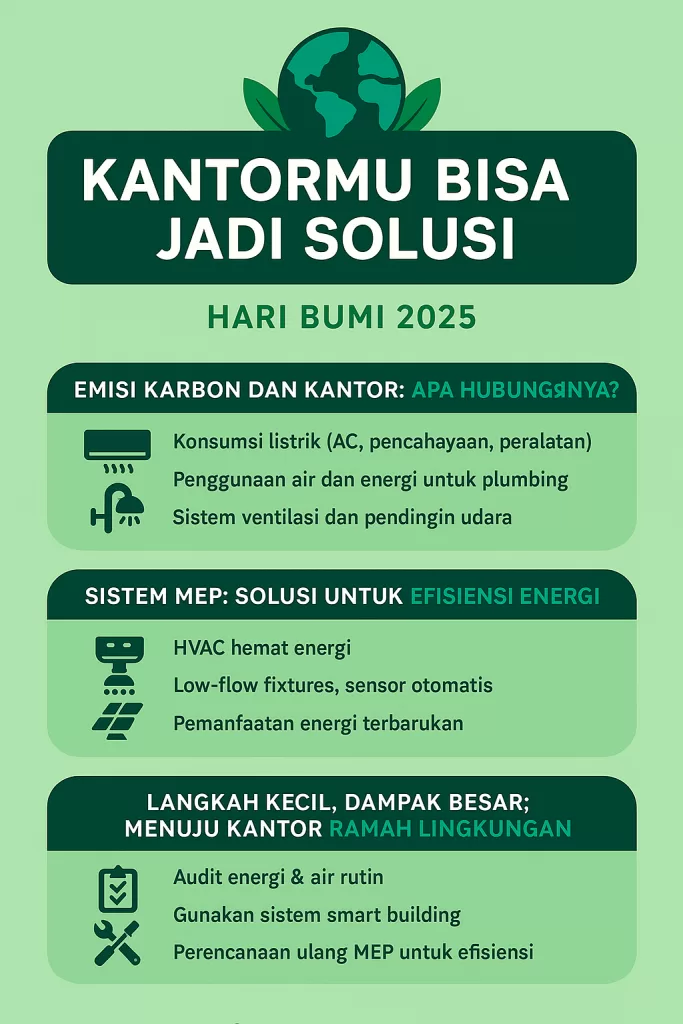 Infografis Hari Bumi: Peran sistem MEP dalam mengurangi emisi karbon di kantor.